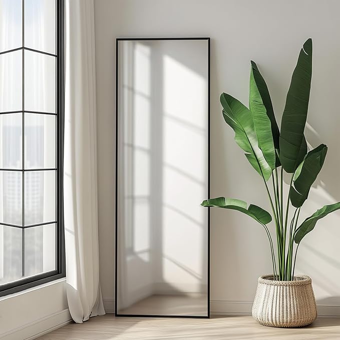 Black Mirror Full Length, 56x18 inch Floor Mirror Full Length | Matte Black Metal Frame, No Distortion, Body Mirrors for Bedroom, Living Room, Dressing Room, Baber Shop, Home Décor