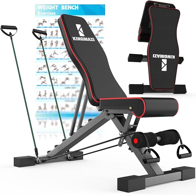 Adjustable Weight Bench, Exercise Workout Bench for Full Body Workout- Multi-Purpose Foldable Bench, Folding Dumbbells Bench with Resistance Band Set