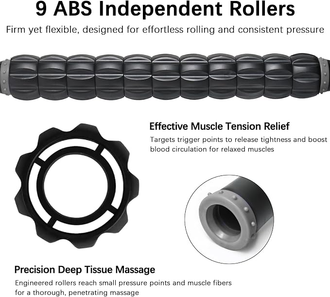 Muscle Roller Massage Roller Stick- Deep Tissue Fascia Blaster for Myofascial Pain Relief, Lymphatic Drainage & Body Sculpting, Handheld Physical Therapy & Recovery Tool (Gray Black-)