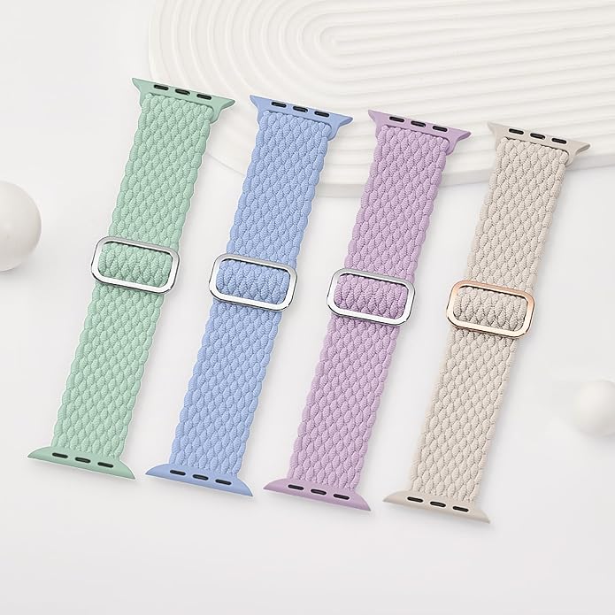 4 Pack Braided Stretchy Bands Compatible with Apple Watch 40mm 41mm 38mm 42mm 44mm 45mm 46mm 49mm Women Men, Breathable Nylon Elastic Daily Use Straps for iWatch Series 11/10 9 8 7 6 5 4 3 SE/Ultra 2