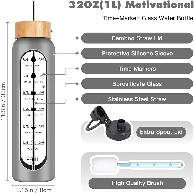 32oz Glass Water Bottle with Time Marker, 2 Lids-Handle Spout Lid & Bamboo Straw Lid, 1 Liter Motivational Borosilicate Water Bottle for Gym, Office, Travel (Gray)