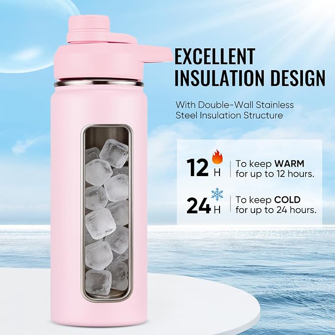 Fijinhom Insulated Water Bottle with Handle, 304 Stainless Steel Water Bottles with Wide Mouth, Double Wall Vacuum Sports Water Bottle, BPA Free, Keep Cold and Hot, 18 Ounces, Pink