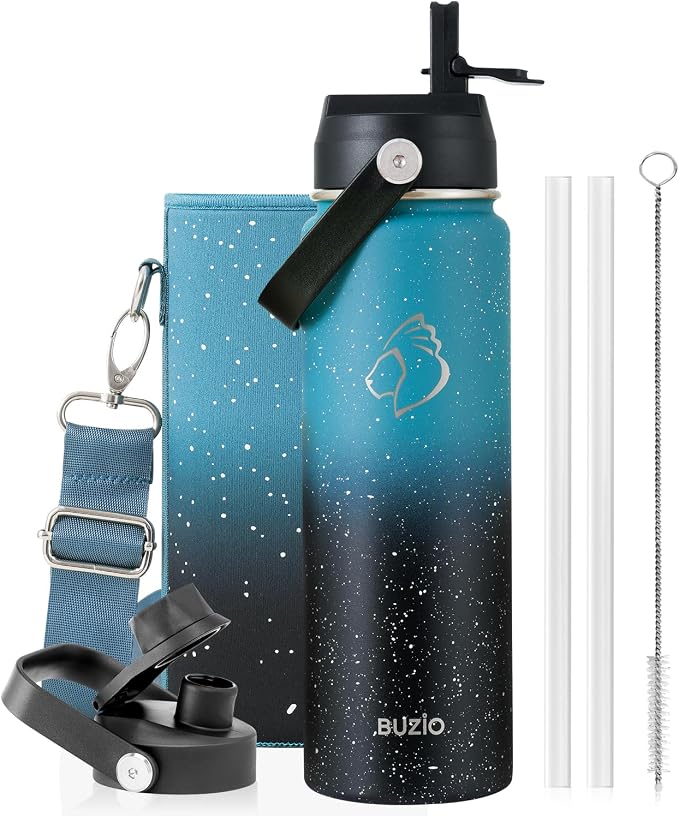 BUZIO 24 oz Insulated Water Bottle, Stainless Steel Wide Mouth Water Flask with Straw Lid, Cold for 48 Hrs Leak Proof Metal Hydro Thermo Canteen Mug, Dappled Navy Black