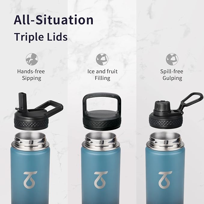 Trebo Insulated Water Bottle 24 oz with 3 Lids, Paracord Handle | Stainless Steel Metal Flask Vacuum, Triple Wall Copper Plated, Dishwasher Safe, Cold 48Hrs for Hiking, Fits in Car Holder