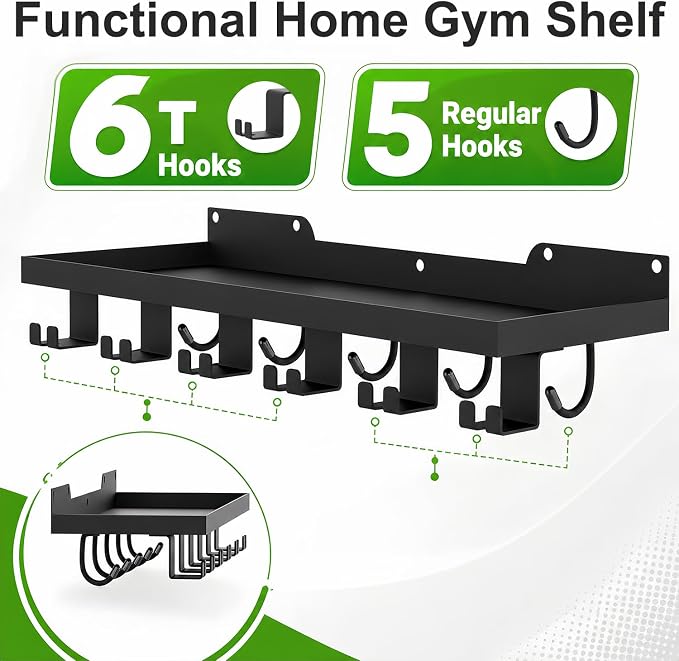 16.9x6 Inch Metal Shelf Compatible with Tonal Accessories, Floating Shelf Organizer for Home Gym Storage, 5 T-Lock Adapters Bracket Hanger, Gym Rack Wall Mounted with Hooks, Black Workout Holder