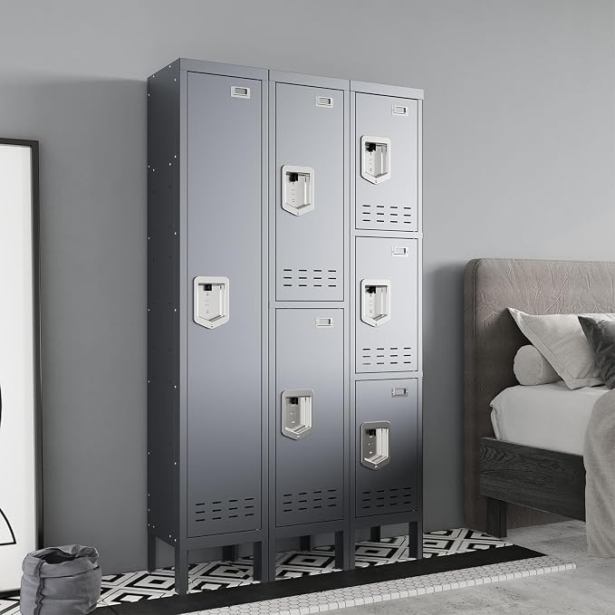 BUTISOW Metal Storage Locker with Lock & Card Slot Locker - Secure Lockable Door - Steel Locker for School, Office, Gym, Home - 66.15" H x 11.8" W x 11.8" D（1 Door, Grey）