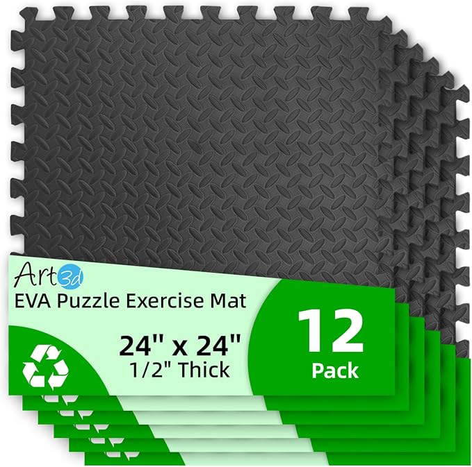 Art3d 12 Pack 24" x 24" EVA Interlocking Exercise Mats, 1/2" Thick Foam Puzzle Flooring for Workout, Gym Equipments, Training Areas, 48 Sq.FT, Black