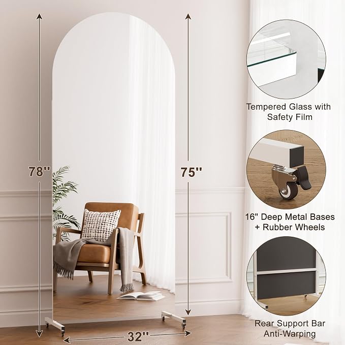 75” x 32” Arched Full Length Floor Mirror, Lockable Wheels for Easy Moving & No Wobble, Shatter‑Resistant Glass for Worry‑Free Practice, Ideal for Home Dance, Yoga & Gym, White Metal Frame