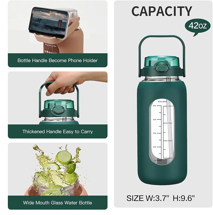chunmo 42oz/52oz/64oz Glass Water Bolttles with Straw Half Gallon Large Motivational Water Bottle with Time Marker Sports Water Bottles with Silicone Sleeve and Handle Lid Water Jug for Gym Workout