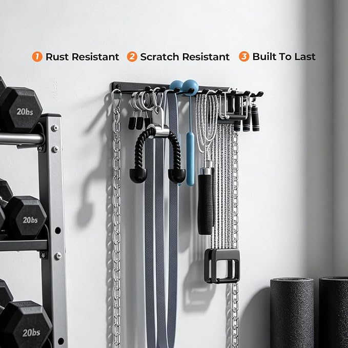 Home Gym Accessories Storage Wall Rack with Sturdy Hooks, Carabiner Clips | Heavy Duty Home Gym Equipment Storage Rack Wall Mount for Resistance Bands, Cable Attachments,Lifting Belts,Jump Ropes,Chains