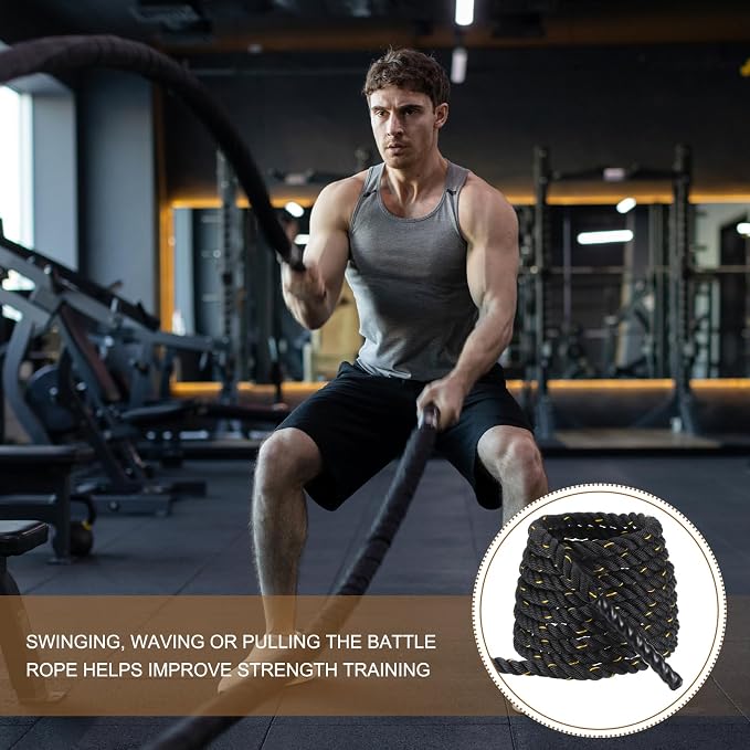 MECCANIXITY Battle Rope 40ft x 1 Inch Polyester Workout Rope Heavy Fitness Exercise Rope for Strength Training Home Gym Muscle Building, Black Yellow