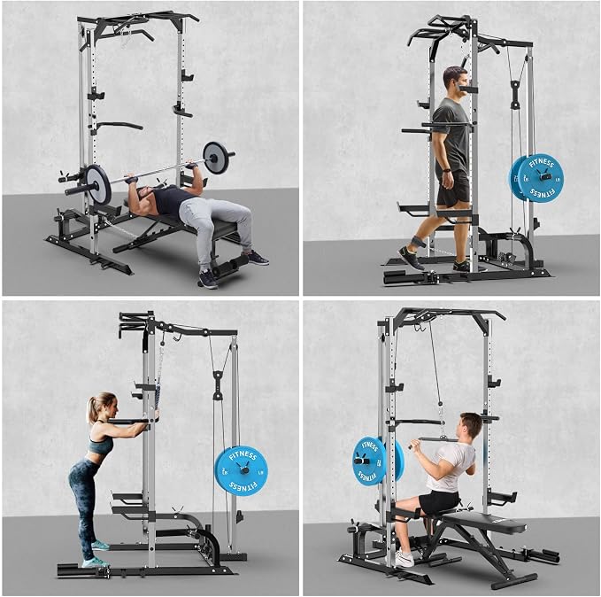 Power Cage Power Rack with LAT Pulldown Workout Cage Dip Handles Cable Pulley SystemSquat Rack for Home Gym