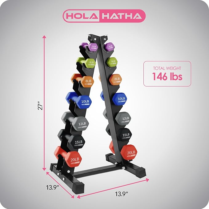 HolaHatha 1, 2 and 3 lb Neoprene Dumbbell Strength Training Weight Set with Rack
