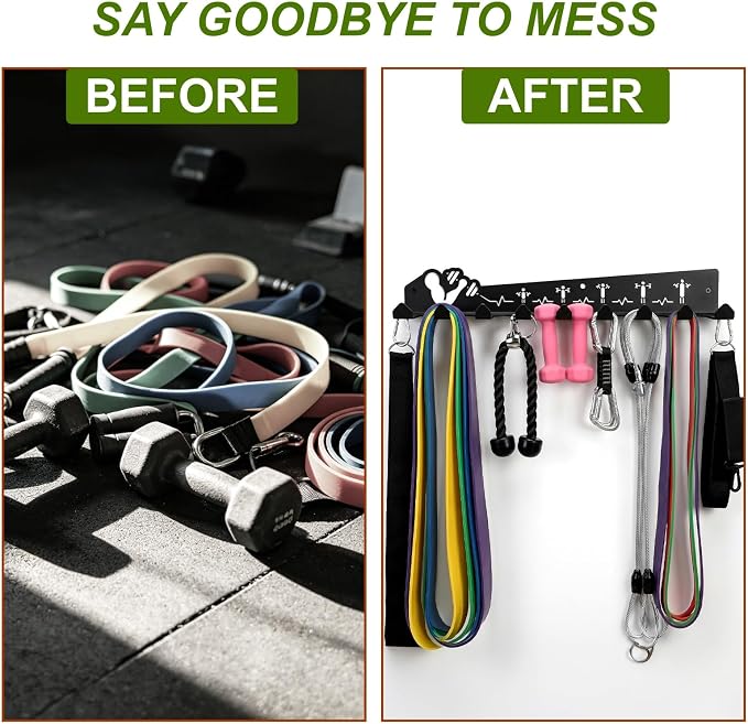 DEAYOU Home Gym Storage Rack Wall Mount, 9 Hook Gym Accessories Organization, Multi-Purpose Gym Equipment Hanger for Barbells, Resistance Bands, Jump Ropes, Lifting Belt, Row Handles, 16.5"