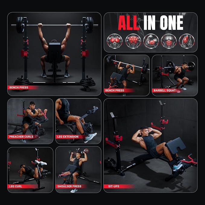 YOLEO Weight Bench with Rack - Bench Press Set, Leg Extension, Preacher Curl & Flat/Incline/Decline Full Body Workout Bench, Adjustable Olympic Weight Benches for Home Gym(47.44IN WIDE GRIP)