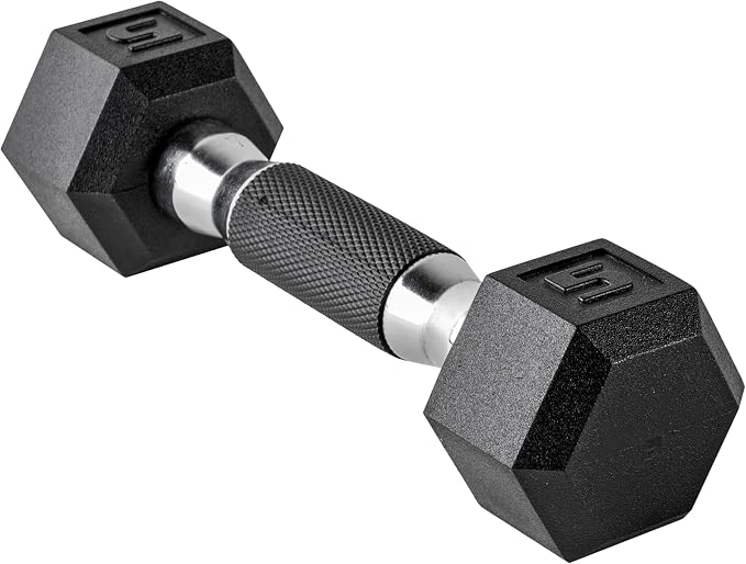 CAP Rubber Coated Dumbbell Weights, Free Weights for Home Gym Strength Training, Anti-Roll Hex Dumbbells with Black, Chrome & Comfort Grip Handles, Pairs & Sets