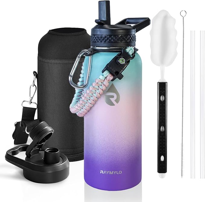 RAYMYLO Insulated Water Bottle 32 oz, Triple Wall Vacuum Stainless Steel | (Cold for 24Hrs, Hot for 12Hrs), Leak Proof & Non-BPA, Modern Water Flask Jug with Paracord Handle & Straw Spout Lids