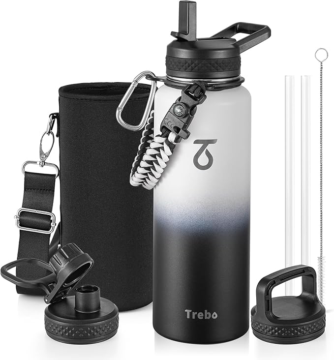 Trebo Water Bottle Insulated 40 oz with 3 Lids, Paracord Handle & Sleeve | Stainless Steel Flask Vacuum, Triple Wall Copper Plated, Dishwasher Safe, Keeps Cold 48Hrs for Hiking, Gym, Wide Mouth