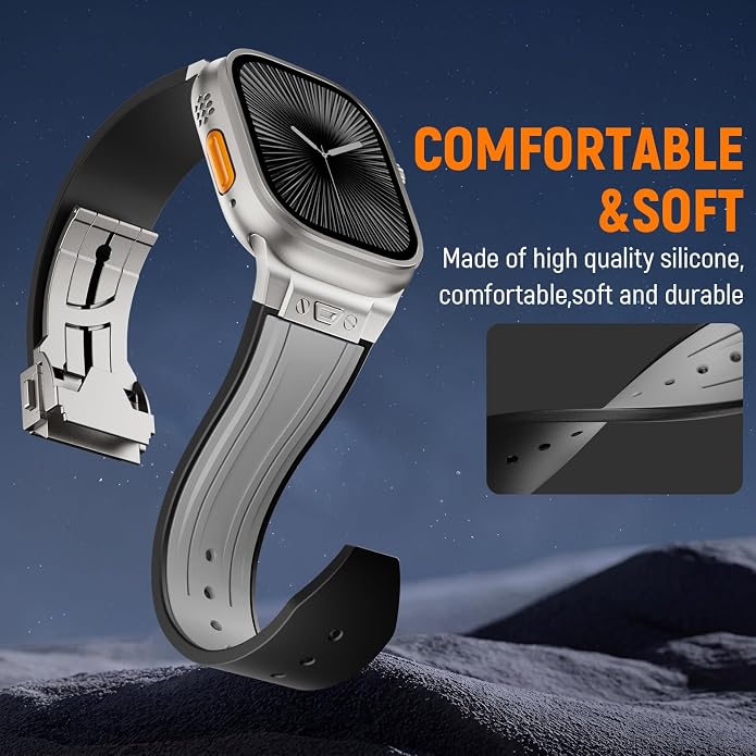 Luxury Watch Band for Apple Watch Ultra 2/Ultra 49-42mm | Metal Connector & Folding Clasp,316L Stainless Steel,Men Silicone Strap Compatible with iWatch Series 10 9 8 7 6 5 4 3 2 1 SE