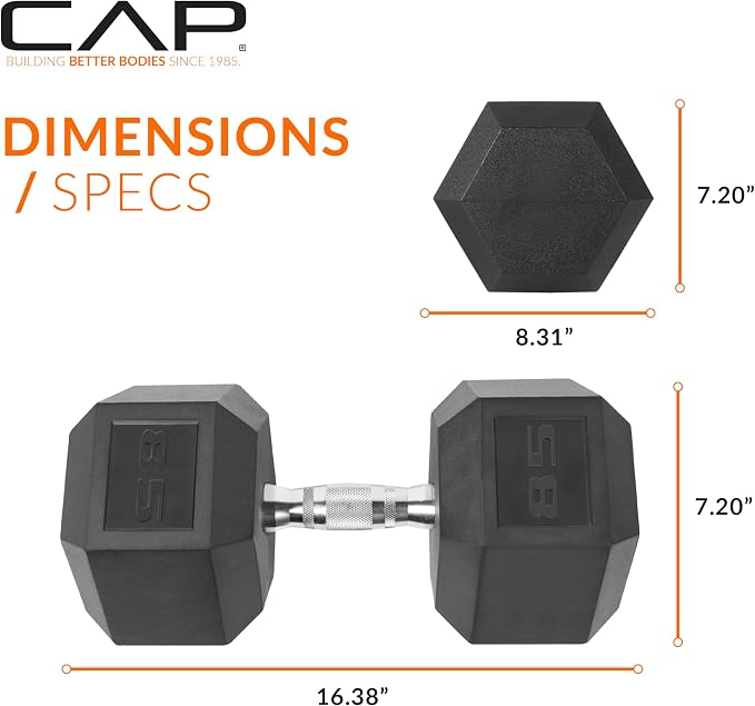 CAP Rubber Coated Dumbbell Weights, Free Weights for Home Gym Strength Training, Anti-Roll Hex Dumbbells with Black, Chrome & Comfort Grip Handles, Pairs & Sets