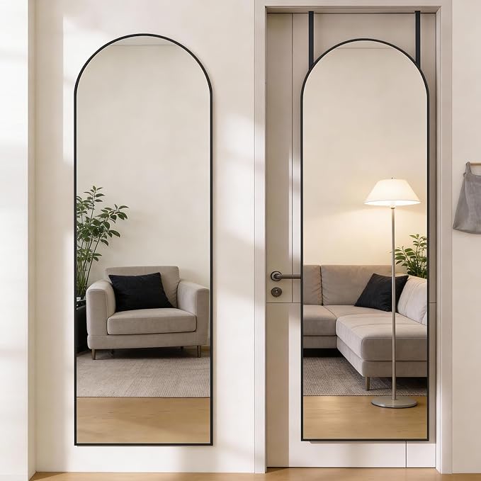 DUMOS 47"x14" Full Length Door Mirror, Arched Full Body Mirror, Black | Aluminum Alloy Thin Frame, Leaning or Hanging, Suitable for Bedroom, Livingroom, Cloakroom