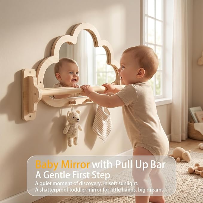 Montessori Baby Mirror with Pull Up Bar, Shatterproof Toddler Pull to Stand | Cloud-shaped wooden pull to stand toy gym, CPC safe infant gift for nursery wall, ages 6-18 months.