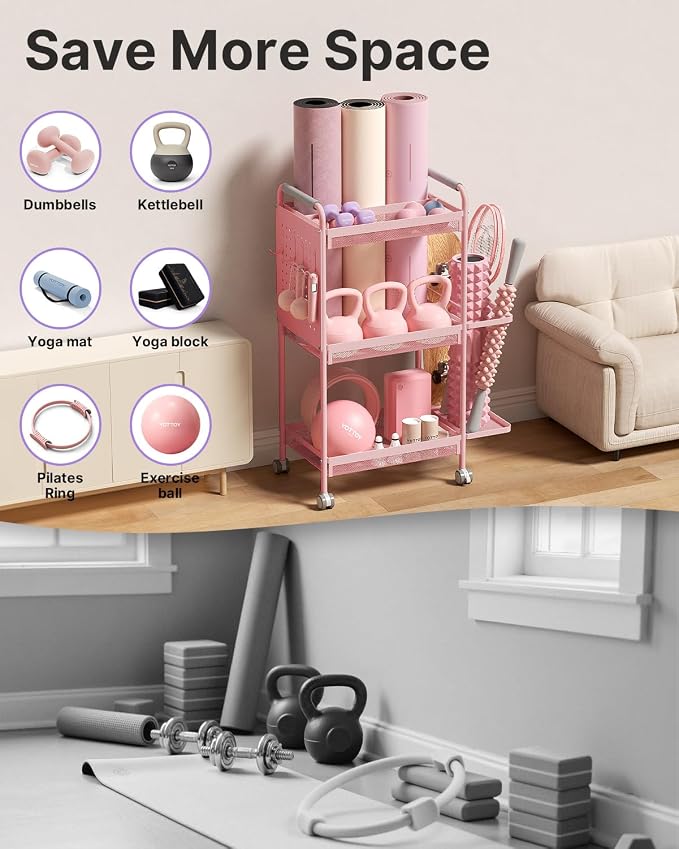 YOTTOY 3-Tier Gym Storage Rack for Home Gym–Multi-Functional Weight Rack, Dumbbell Rack, Yoga Mat Holder with Side Basket & 6 Hooks, Gym Equipment Organizer