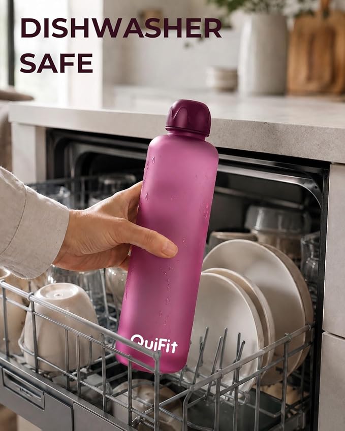 Slim Water Bottle 32 OZ with Stainless Steel Lid, Dishwasher Safe 1 Liter Plastic Water Bottle BPA-Free, Leakproof Lightweight with Time Marker, Reusable for Running School Sport Gym Travel Hiking