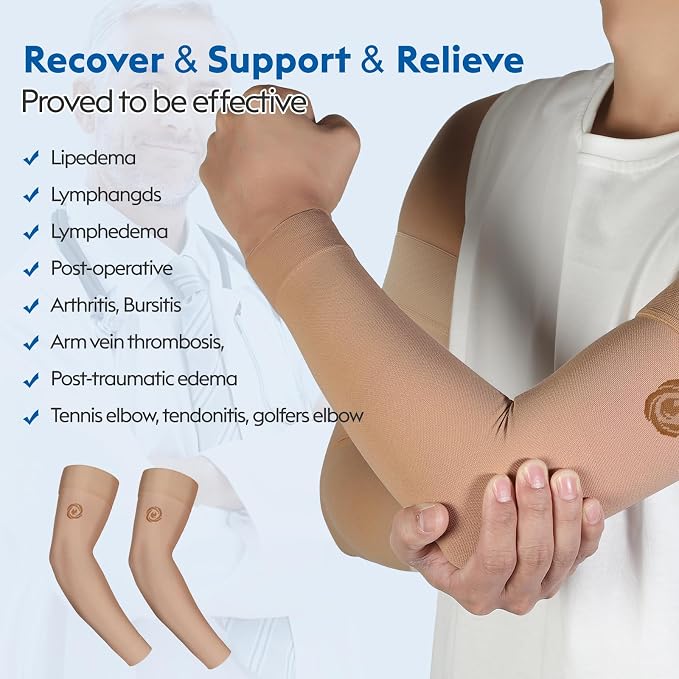 NURCOM Compression Arm Sleeve, 20-30 mmHg, No Silicone, Beige 3XL | For Lymphedema, Lipedema, Pain Relief, Edema, Swelling, Post Surgery Recovery, 2 Pack