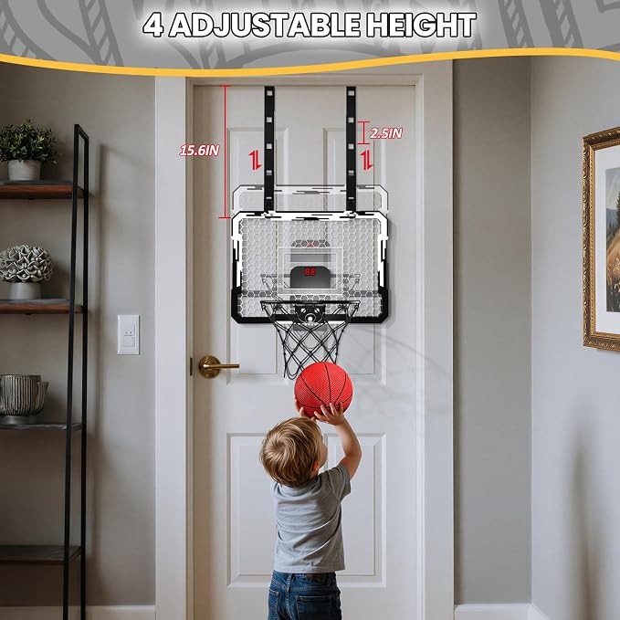 QDRAGON Mini Basketball Hoop with Scoreboard & 7 LED Lighting | Over The Door Indoor, with 3 Balls/Inflator/Breakaway Rim, Basketball Toy Gifts for Kids Adults, Suit for Bedroom/Office