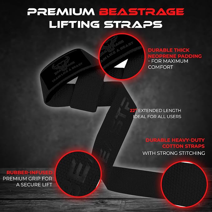BEAST RAGE Lifting Wrist Straps for Weightlifting, Straps Gym Grip Power Workouts Lifting Straps Padded Neoprene & Premium Cotton Men Women, Deadlift Bodybuilding Exercise Lifting Straps