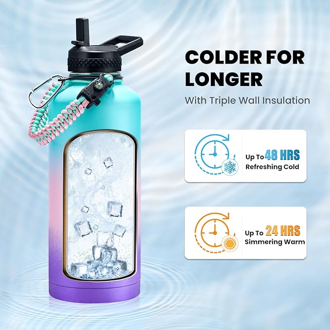 RAYMYLO Insulated Water Bottle 87 oz, Triple Wall Vacuum Stainless Steel | Cold for 48 Hrs), Leak Proof & Non-BPA, Modern Water Flask Jug with Paracord Handle & Straw Spout Lids, Hydrangea