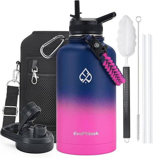 Insulated Water Bottle 64 oz with Carrier Bag, Blue/Pink | Stainless Steel, Vacuum Insulated Keep Cold 48 Hrs, Half Gallon Large Water Jug, For Travel, Sport, Gym, Hiking