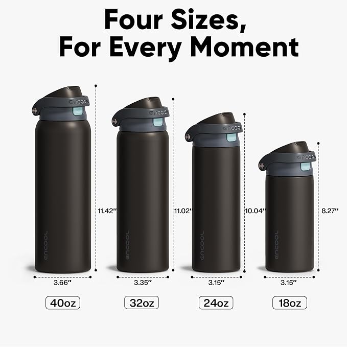 ENCOOL Leakproof Insulated Water Bottle with Straw Dual-Sip Water Bottle Bag-Safe Design for Work, Commute & Gym – Keeps Drinks Cold All Day, 40 oz, Charcoal Gray