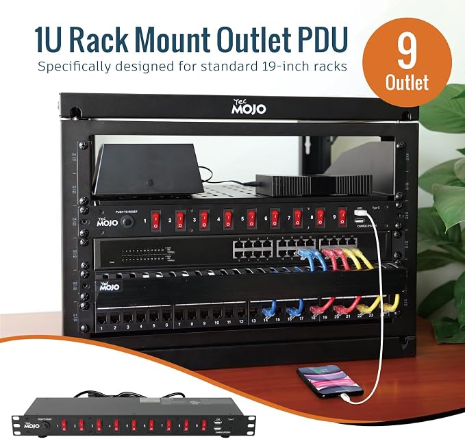 Tecmojo 9-Outlet Rack Mount PDU,1U Horizontal PDU Individual Switch 6ft Cord, with 2USB and 2 Type-C,for IT and Network Racks and Cabinets