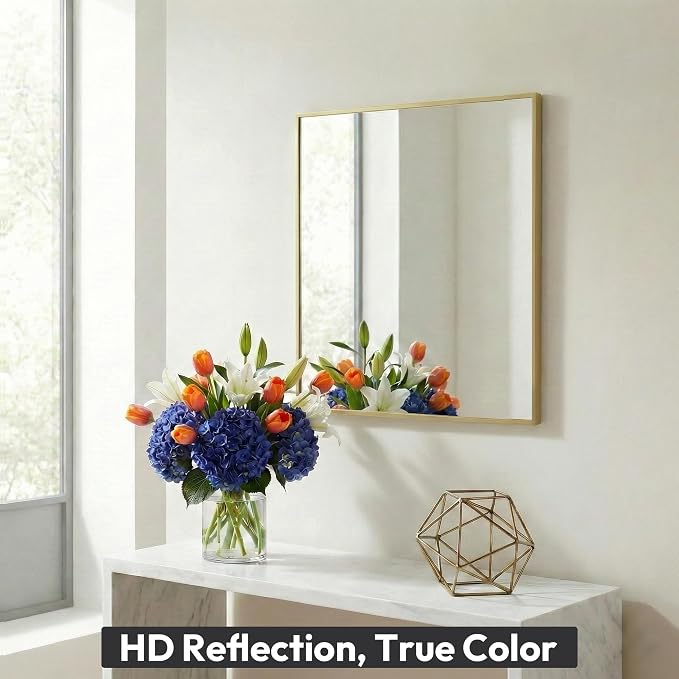 30" x 36" Gold Wall Mirror for Bathroom, 36" x 30" Metal Framed Accent Decor, Mid-Century Modern Mirror for Vanity & Bedroom