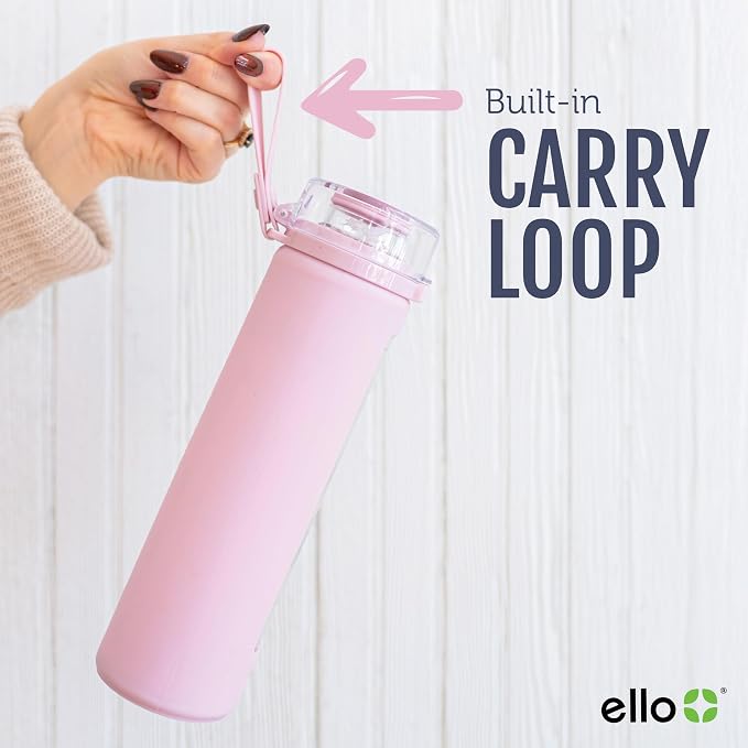 Ello Syndicate 20oz Glass Water Bottle with Flip Lid and Sleeve, Sand | Glass water bottle for iced drinks with leakproof flip lid, silicone sleeve, carry loop, BPA-free, and dishwasher safe