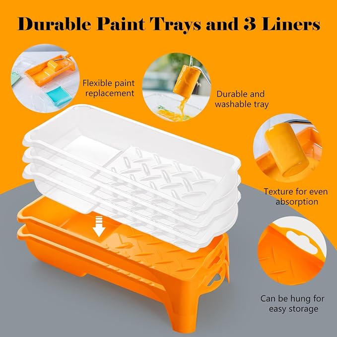 Mister Rui Mini Foam Paint Roller Kit, 2 Inch Paint Tray with Liner 20 Pack | Small Paint Rollers with Tray Disposable liners, Foam Roller Paint Brushes, Tape, Drop Cloth for Painting, Trim, Touch-ups