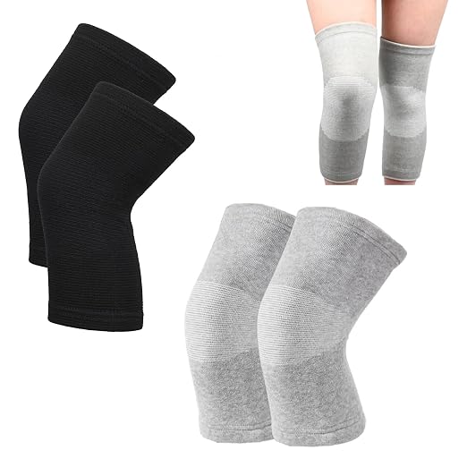 Premium Bamboo Knee Compression Sleeve, 2 Pair Slip-One Knee Support, Elastic Warm Knee Brace for Knee Pain, Joint Recovery, Sports, Daily Wear for Adults (Black+Gray, X-Large)