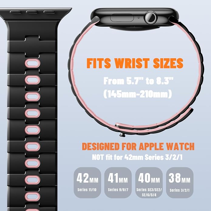Bandletic Magnetic Silicone Watchband Compatible with All Apple Watch | Strong Magnet Sport Strap for iWatch Ultra 49mm Series 11-1 SE 46mm 45mm 44mm 42mm 41mm 40mm 38mm, Ideal for Men Women
