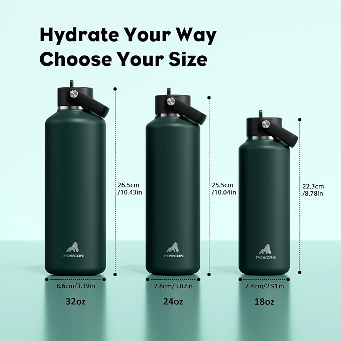 POWCAN 18 oz Water Bottle Insulated: Leakproof Lid with Straw, Lightweight, Flex Cap, BPA-Free, Stainless Steel Water Bottle for Office, Trekking, Commute, Worker, Walking, Cycling (Fir Green)