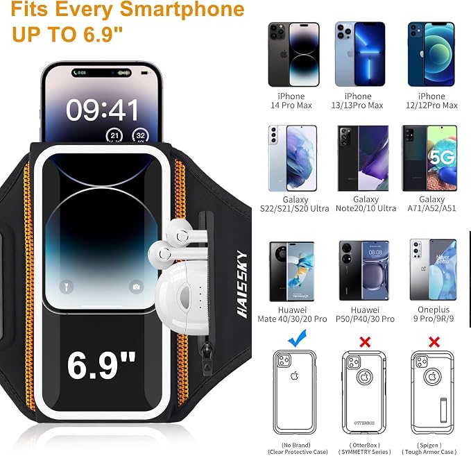 Running Armband with Earphone Bag, 6.9" Phone Holder for iPhone Samsung | Zipper Pocket for Keys & Earphones, TPU Touchscreen & Water-Resistant, 3D Design Phone Armband, Stretchy Fits Arm 13"-16.5"