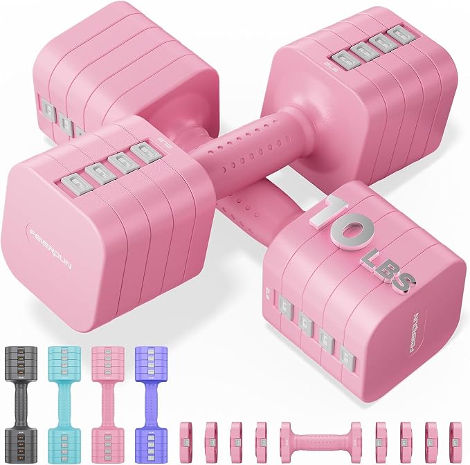 FEIERDUN DB3 5-in-1 Adjustable Dumbbell Set, 6LB/10LB Pair Adjustable Weights for Women at Home, Dual Locking Stable Hand Weights with TPU Soft Handle, Home Gym, Rehab, Pilates, Yoga, Strength Training