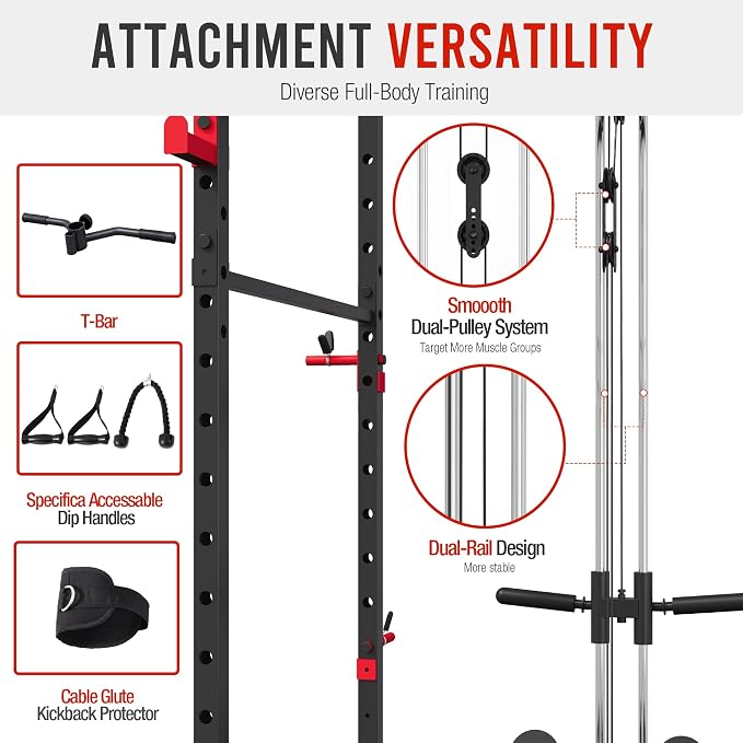 HulkFit Power Rack, Multi-Function Squat Rack with LAT Pull Down, Power Cage with Pulley System, Strength Training Home Gym Equipment with Workout Equipment Attachments, Cable Machine for Home Gym