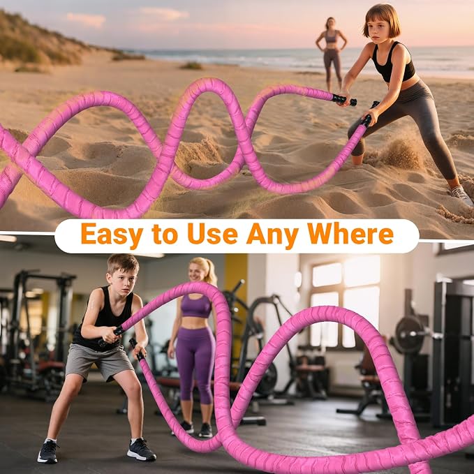 Battle Ropes for Home Gym 1 Inch Diameter 30FT Length Workout Rope Exercise Rope Training Ropes with Protective Sleeve for Kids Men Women Exercise Fitness & Strength Training-Pink