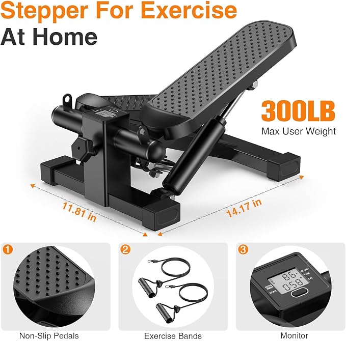 HCOIW Steppers for Exercise at Home - Stair Stepper with Resistance Band, Mini Stepper with 300lb Weight Capacity,