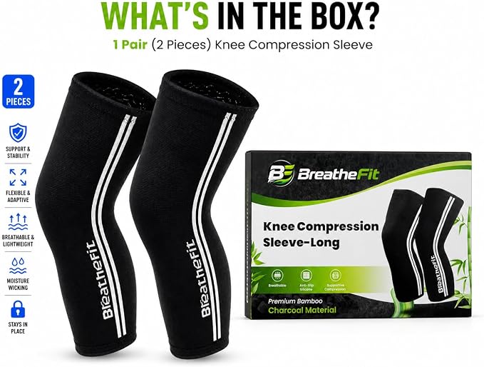 Bamboo Knee Sleeves 1Pair, Extra long, Non-Slip Silicone Grip, Premium Men & Women Knee Compression and Support