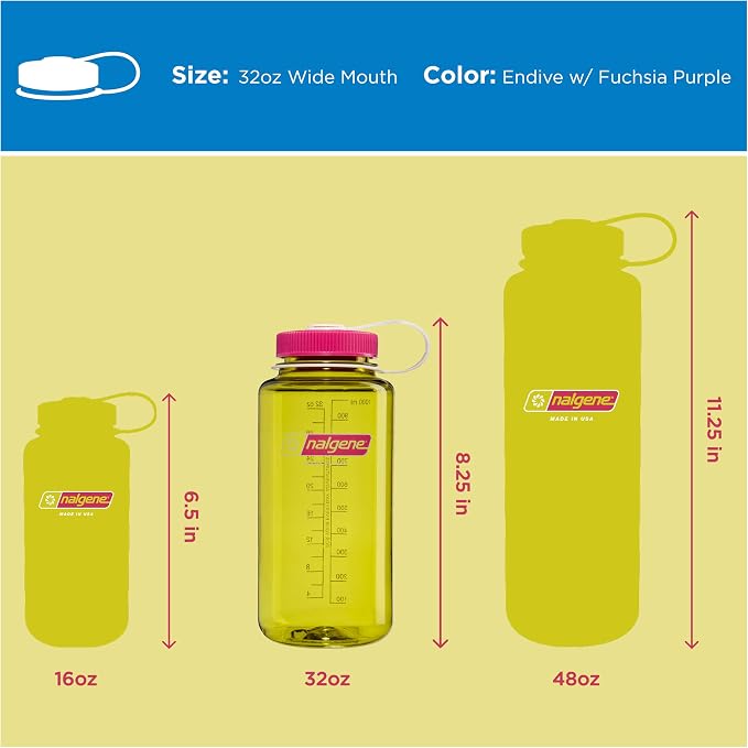 Nalgene 32 oz Wide Mouth Water Bottle, Thrill & Motion, Endive w/Fuschia Purple