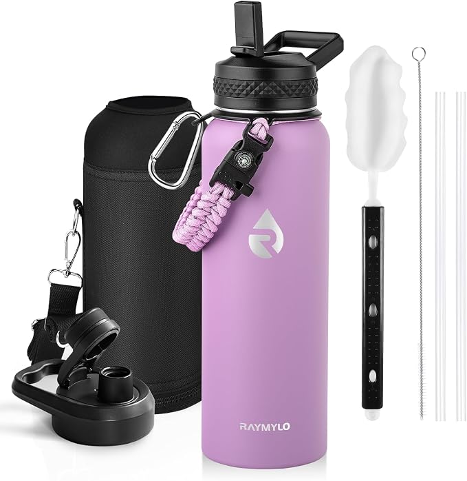 RAYMYLO Insulated Water Bottle 40 oz, Triple Wall Vacuum Stainless Steel | (Cold for 36Hrs, Hot for 18Hrs), Leak Proof & Non-BPA, Modern Water Flask Jug with Paracord Handle & Straw Spout Lids