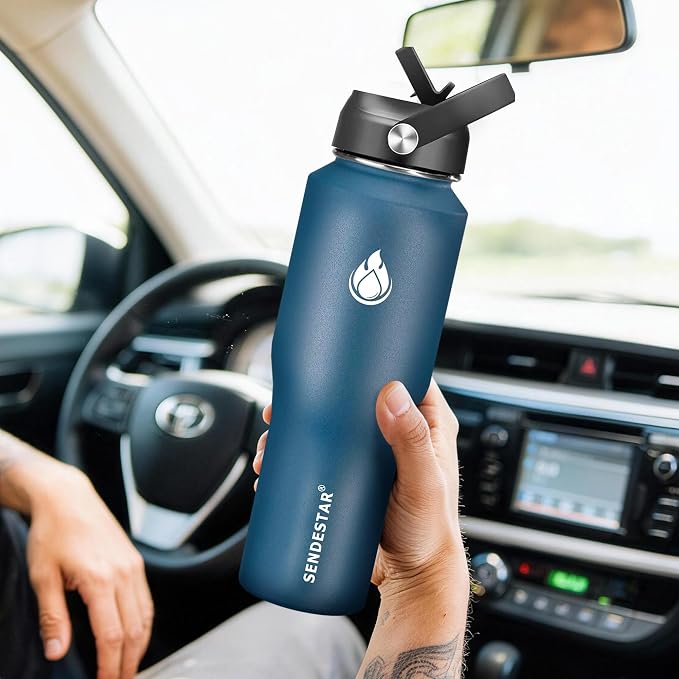 SENDESTAR Water Bottle 32oz,2 Lids(Straw lid),Wide Mouth Stainless Steel Vacuum Insulated Double Wall Keep Liquids Cold or Hot All Day,Sweat Proof Sport Design,Fit Car Cup Holder(Cobalt)